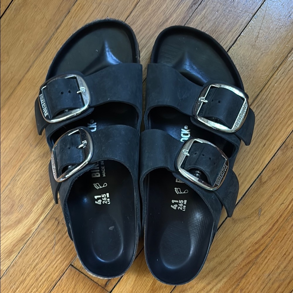Birkenstock Black Slides with Metallic Buckles